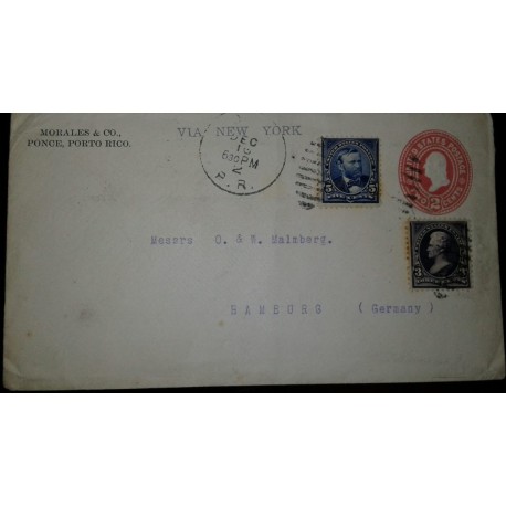 O) 1902 PUERTO RICO. US OCCUPATION, JACKSON 3c, GRANT 5c, POSTAL STATIONERY FROM PONCE VIA NEW YORK TO GERMANY