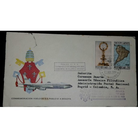 O) 1960 VATICAN CITY, MONSTRANCE FROM FRESCO BY RAPHAEL- MAP OF SOUTH AMERICA - VISIT OF POPE PAUL VI-CONGRESS BOGOTA, FDC XF