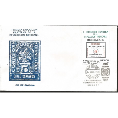 J) 1983 MEXICO, FIRST PHILATELIC EXHIBITION OF THE MEXICAN REVOLUTION, HERFILEX SONORA, FDC 