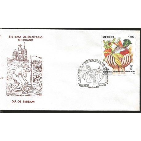 J) 1982 MEXICO, MEXICAN FOOD SYSTEM, FISH, MAIZE, TOMATOES, CARROTS, HANDS, FDC 