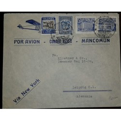 L) 1930 COLOMBIA, COMMUNICATIONS PALACE, BLUE, COFFEE, 30C, EAGLE, 15C, VIA NEW YORK, TO GERMANY, AIRMAIL