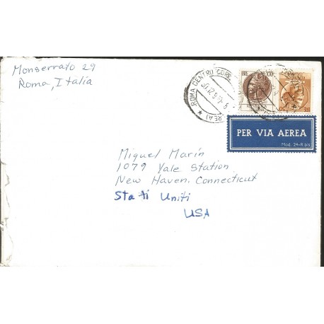 J) 1960 ITALY, SYRACUSE COIN, MULTIPLE STAMPS, AIRMAIL, CIRCULATED COVER, FROM ROMA TO USA 