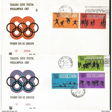 J) 1967 MEXICO, THIRD PRE-OLIMPICAL POSTAL SERIES, CYCLING, REMO, HOCKEY, BASKETBALL