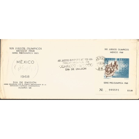 J) 1968 MEXICO, XIX OLYMPICAL GAMES, MEXICO, PRE OLIMPIC SET, SOUVENIR SHEET, FDC 