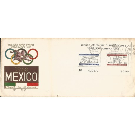 J) 1968 MEXICO, SECOND POSTAL SET, PRE OLIMPIC, SOUVENIR SHEET, FDC 