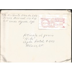 J) 2009 MEXICO, RED METTER STAMPS, COMPLETTE LETTER, AIRMAIL, CIRCULATED COVER, FROM AGUASCALIENTES TO MEXICO