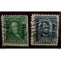 O) 1904 CANAL ZONE. US POSSESSION, FAKE -BENJAMIN FRANKLIN 1 CENTS GREEN, LINCOLN 5 CENTS BLUE, SCV USED.