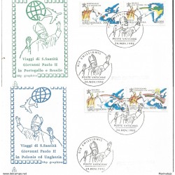 J) 1992 VATICAN CITY, JOURNEYS OF HIS HOLINESS JOHN PAUL II IN POLAND AND HUNGARY, DOVE, MAP, SET OF 2 FDC 