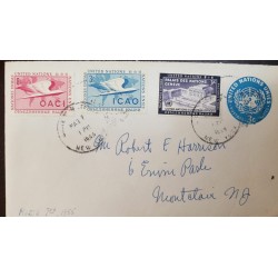 L) 1955 UNITED NATIONS, 8C, RED, OACI, 3C, BLUE, ICAO, PALACE OF THE NATIONS GENEVA, PURPLE