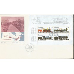J) 1984 CANADA, LOCOMOTIVES, RAYLWAY, MAP, NATIONAL PHILATELIC EXHIBITION MONTREAL, WITH EMBOSSED, SOUVENIR SHEET, XF 