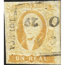 J) 1856 MEXICO, UN REAL YELLOW, HIDALGO'S HEAD, IMPERFORATED, BLACK CANCELLATION, WITH OVERPRINT IN TOLUCA, MN 