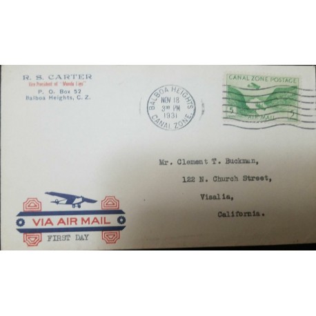 O) 1931 CANAL ZONE. US POSSESSIONS, GAILLARD CUT SCT C7 5c green, AIRMAIL - R. S. CARTER, FROM BALBOA HEIGHTS, TO USA