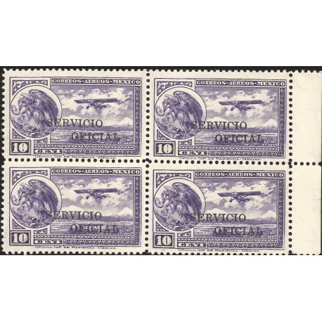 J) 1934 MEXICO, EAGLE AND AIRPLANE, WITH OVERPRINT IN BLACK, SERVICIO OFICIAL, BLOCK OF 4, MNH 