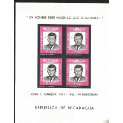 V) 1965 NICARAGUA, IN MEMORIAM JOHN F KENNEDY, SOUVENIR SHEET, IMPERFORATE BLOCK OF 4, MNH