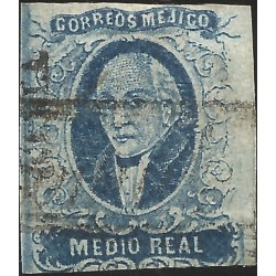 J) 1856 MEXICO, HIDALGO, MEDIO REAL, PLATE II, PUEBLA DISTRICT, BLACK BOX CANCELLATION CHACHICOMULA, MN 
