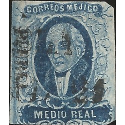 J) 1856 MEXICO, HIDALGO, MEDIO REAL BLUE, PUEBLA DISTRICT, PLATE II, MN 