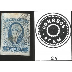 J) 1856 MEXICO, HIDALGO, MEDIO REAL BLUE, APAM CANCELLATION, MN 