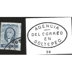 J) 1856 MEXICO, HIDALGO, MEDIO REAL BLUE, "AGENCIA DEL CORREO EN SOLTEPEC" OVAL CANCELLATION, MN 