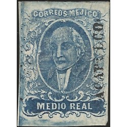 J) 1856 MEXICO, HIDALGO, MEDIO REAL, DISTRICT ACAPULCO, TOP + SIDE PLATE LINES, MN 