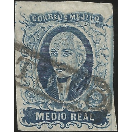 J) 1856 MEXICO, MEDIO REAL, HIDALGO, OVAL CANCELLATION HUATUSCO, ORIZAVA DISTRICT, MN 