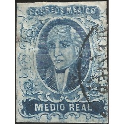 J) 1856 MEXICO, HIDALGO, MEDIO REAL BLUE, MEXICO DISTRICT, DOUBLE TRANSFER AT TOP HOME PLATE III, MN 