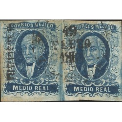 J) 1856 MEXICO, HIDALGO, MEDIO REAL, DARK BLUE, PAIR, GUADALAJARA DISTRICT, CIRCULAR