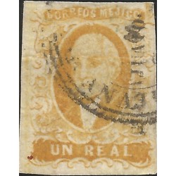 J) 1856 MEXICO, HIDALGO, UN REAL YELLOW, DOUBLE STRIKE, GUANAJUADO DISTRCT, PLATE II, MN 