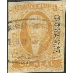 J) 1856 MEXICO, HIDALGO, UN REAL YELLOW, MEXICO DISTRICT, OVAL CANCELLATION, HEAVY GRAINED