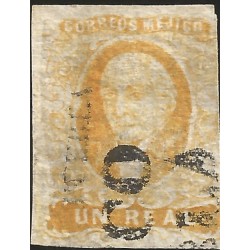 J) 1856 MEXICO, HIDALGO, UN REAL YELLOW, PUEBLA DISTRICT, MN 