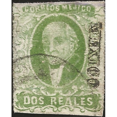 J) 1856 MEXICO, HIDALGO, 2 REALES BLUE GREEN, DRY PRINT, DISTRICT MEXICO, CIRCULAR CANCELLATION, MN 