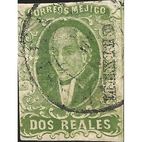 J) 1856 MEXICO, HIDALGO, 2 REALES, DEEP GREEN, CIRCULAR CANCELLATION, MN 