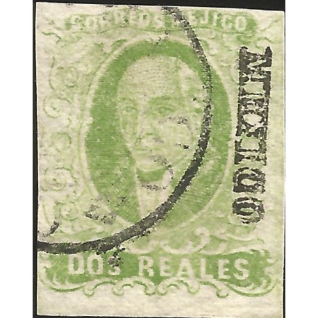 J) 1856 MEXICO, HIDALGO, 2 REALES YELLOW GREEN, MEXICO DISTRICT, FULL MARGINS