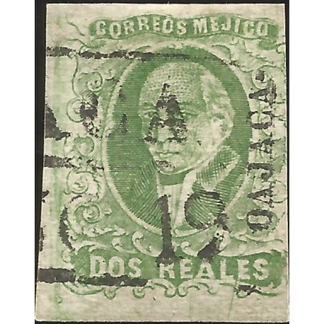 J) 1856 MEXICO, HIDALGO, 2 REALES DARK GREEN, OAXACA DISTRICT, PLATE II, BLACK BOX CANCELLATION