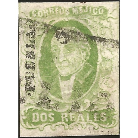 J) 1856 MEXICO, HIDALGO, 2 REALES GREEN, PUEBLA DISTRICT, FULL MARGINS, MN 
