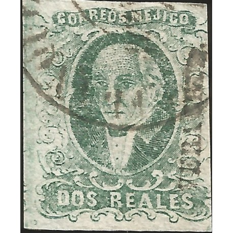 J) 1856 MEXICO, HIDALGO, 2 REALES BLUE GREEN, VERACRUZ DISTRICT, PLATE II, CIRCULAR CANCELLATION, MN 