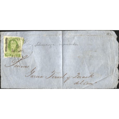 J) 1856 MEXICO, FRONT OF LETTER, HIDALGO, 2 REALES YELLOW GREEN, VERACRUZ DISTRICT, PLATE II, XF