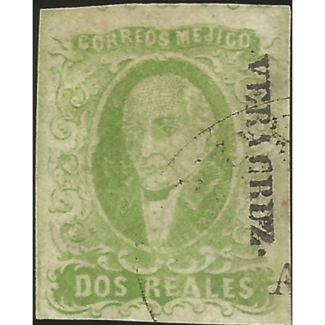 J) 1856 MEXICO, HIDALGO, 2 REALES YELLOW GREEN, VERACRUZ DISTRICT, PLATE II, MN 