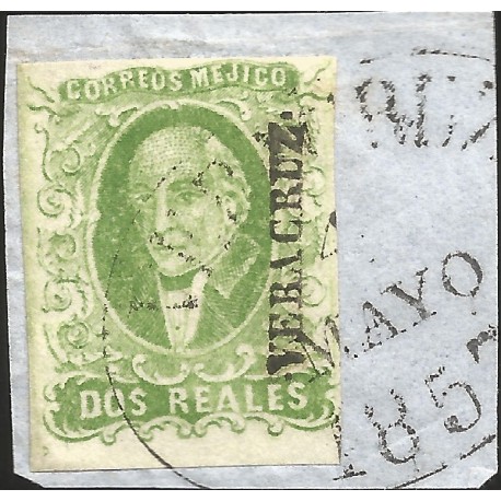 J) 1856 MEXICO, HIDALGO, 2 REALES GREEN APPLE, FRAGMENT OF LETTER, CIRCULAR CANCELLATION, MN 