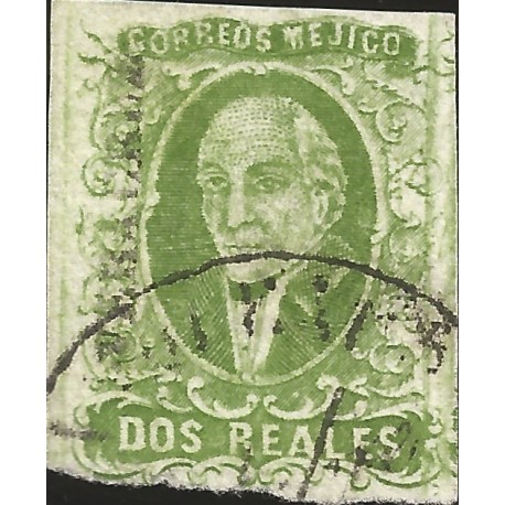 J) 1856 MEXICO, HIDALGO, 2 REALES GREEN, VERACRUZ DISTRICT, PLATE II, CIRCULAR CANCELLATION, MN 