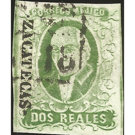 J) 1856 MEXICO, HIDALGO, 2 REALES GREEN, ZACATECAS DISTRICT, PLATE II, BLACK BOX CANCELLATION, MN 