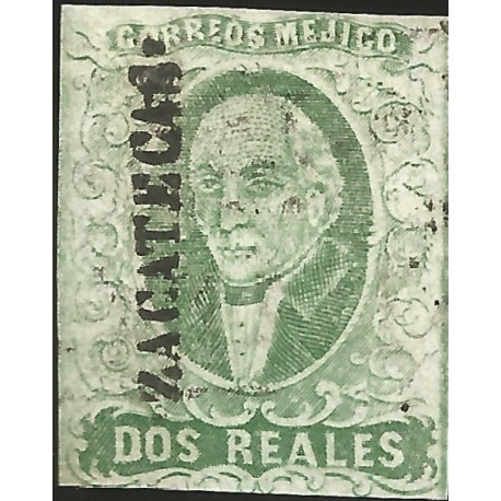 J) 1856 MEXICO, HIDALGO, 2 REALES DARK GREEN, ZACATECAS DISTRICT, PERFECT MARGINS, MN 