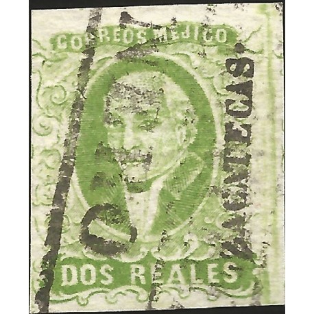 J) 1856 MEXICO, HIDALGO, 2 REALES GREEN, PLATE II, ZACATECAS DISTRICT, BLACK BOX CANCELLATION, MN 