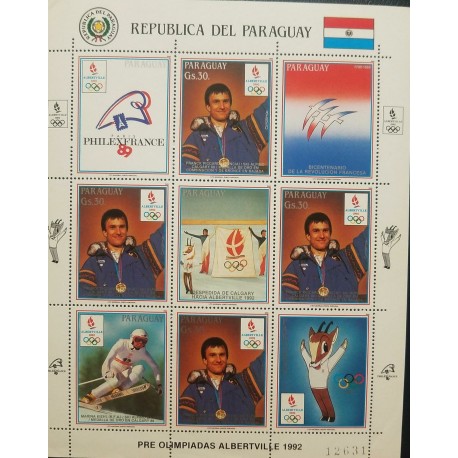 O) 1989 PARAGUAY,  PHILAEXFRANCE, PRE-OLYMPICS ALBERTVILLE - WINTER OLYMPICS, FRANK PICCARD - MARINA KIEHL, MNH