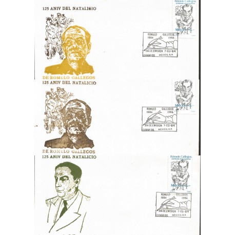 J) 1984 MEXICO, 125th ANNIVERSARY OF THE BIRTH OF ROMULO GALLEGOS, WITH EMBOSSED, SET OF 3 FDC 