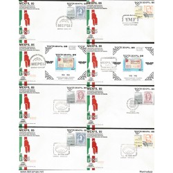 J) 1985 MEXICO, HIDALGO, JUAREZ AND CARRANZA, BELL, FLAG, PHILATELIC EXHIBITION OF MEXICAN STAMP, SET OF 8 FDC