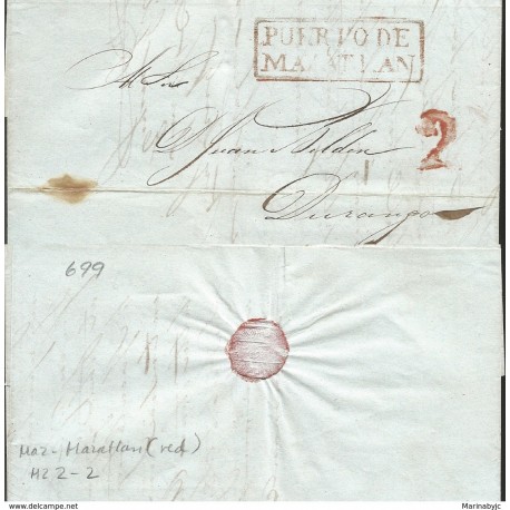 J) 1845 MEXICO, 2 REALES RED CANCELLATION, CIRCULATED COVER, FROM PUERTO MAZATLAN TO DURANGO