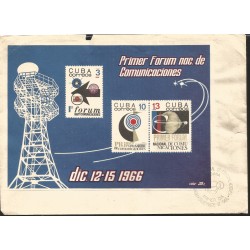 V) 1966 CARIBBEAN, 1ST NATIONAL TELECOMMUNICATIONS FORUM, SOUVENNIR SHEET IMPERFORATED, WITH SLOGAN CANCELATION IN BLACK, FDC