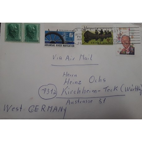 V) 1968 USA, MULTIPLE STAMPS, CIRCULATED COVER FROM USA TO GERMANY, OVERPRINT IN BLACK