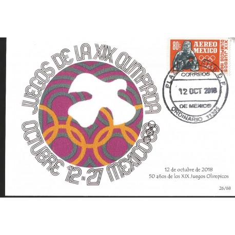 J) 2018 MEXICO, DOVE, 50 YEARS OF THE XIX OLYMPIC GAMES OF 1968, POSTCARD