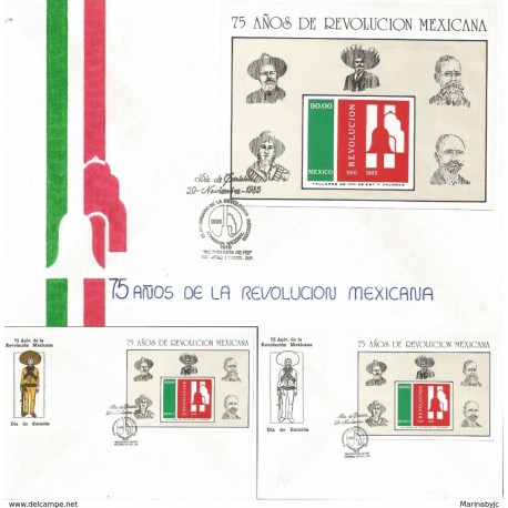 J) 1985 MEXICO, 75 ANNIVERSARY OF THE MEXICAN REVOLUTION, SET OF 3 FDC 